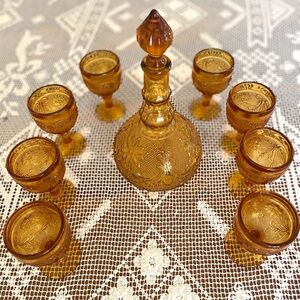 Gorgeous Vintage 1970s Tiara Glass Amber Decanter Set.